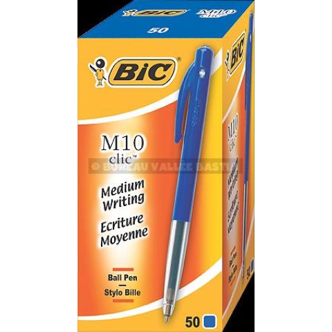 50 stylos bille bic m10 clic medium bleu 1 mm moyenne