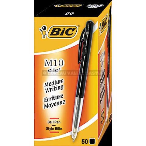 50 stylos  bille bic m10 clic medium noir 1 mm moyenne